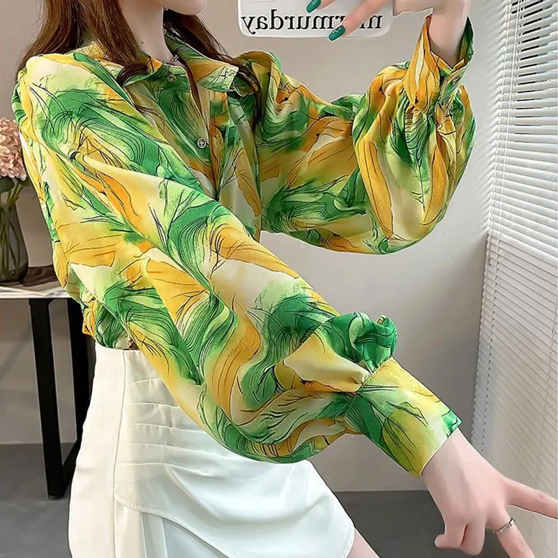 Vintage Hong Kong Style Printed Shirt Women\'s Clothing Turn-down Collar Stylish Single-breasted Spring Loose Long Sleeve Blouse