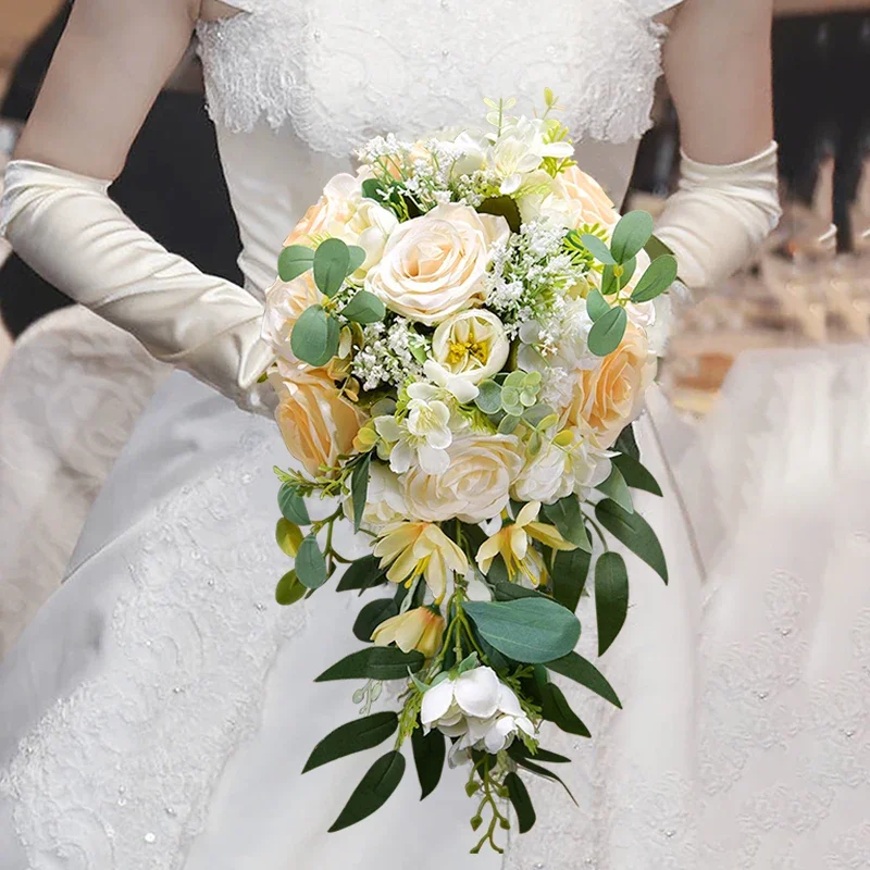 

1PC Wedding Bride Hand bouquet Artificial Rose Water Drop Outdoors Bouquet Anniversary Valentine's Day Stacked Waterfall Flower