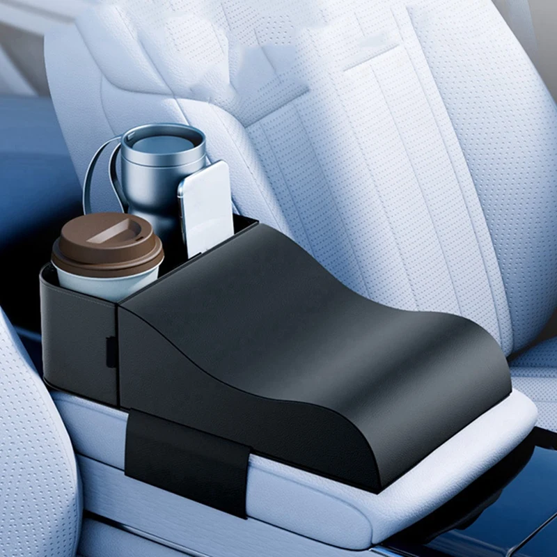 Car Armrest Cover With Cup Holder Universal Armrest Pad Height Increasing Cushion Box Bottle Storage Elbow Cushion