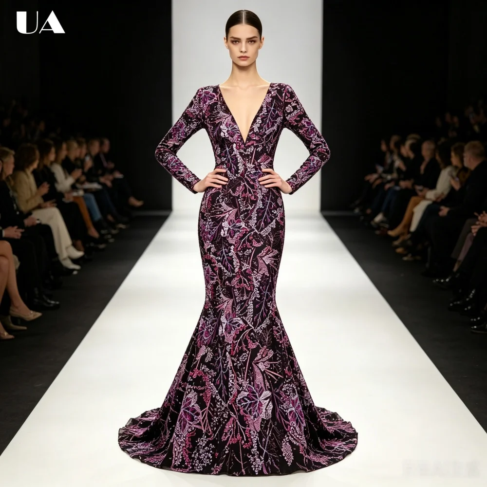 

2026 New Exquisite Mermaid Beading Evening Dress for Woman, Sexy Deep V-neck Prom Dress, Customized Long Sleev Train Party Dress