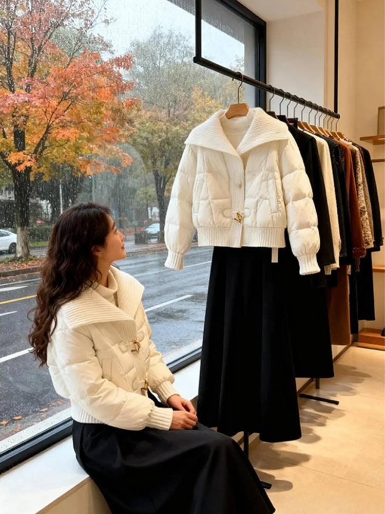 

Модная вязаная куртка-пуховик в стиле пэчворк из хлопка для женщин, зимнее модное универсальное пальто с воротником-стойкой и большим отложным воротником