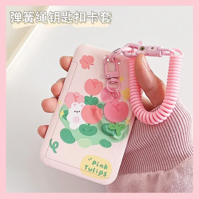 Cartoon Prints ID Tag Pass Work Card Cover Case with Elastic Rope Wrist Strap Name Badge Holder Business Access Card Sleeve