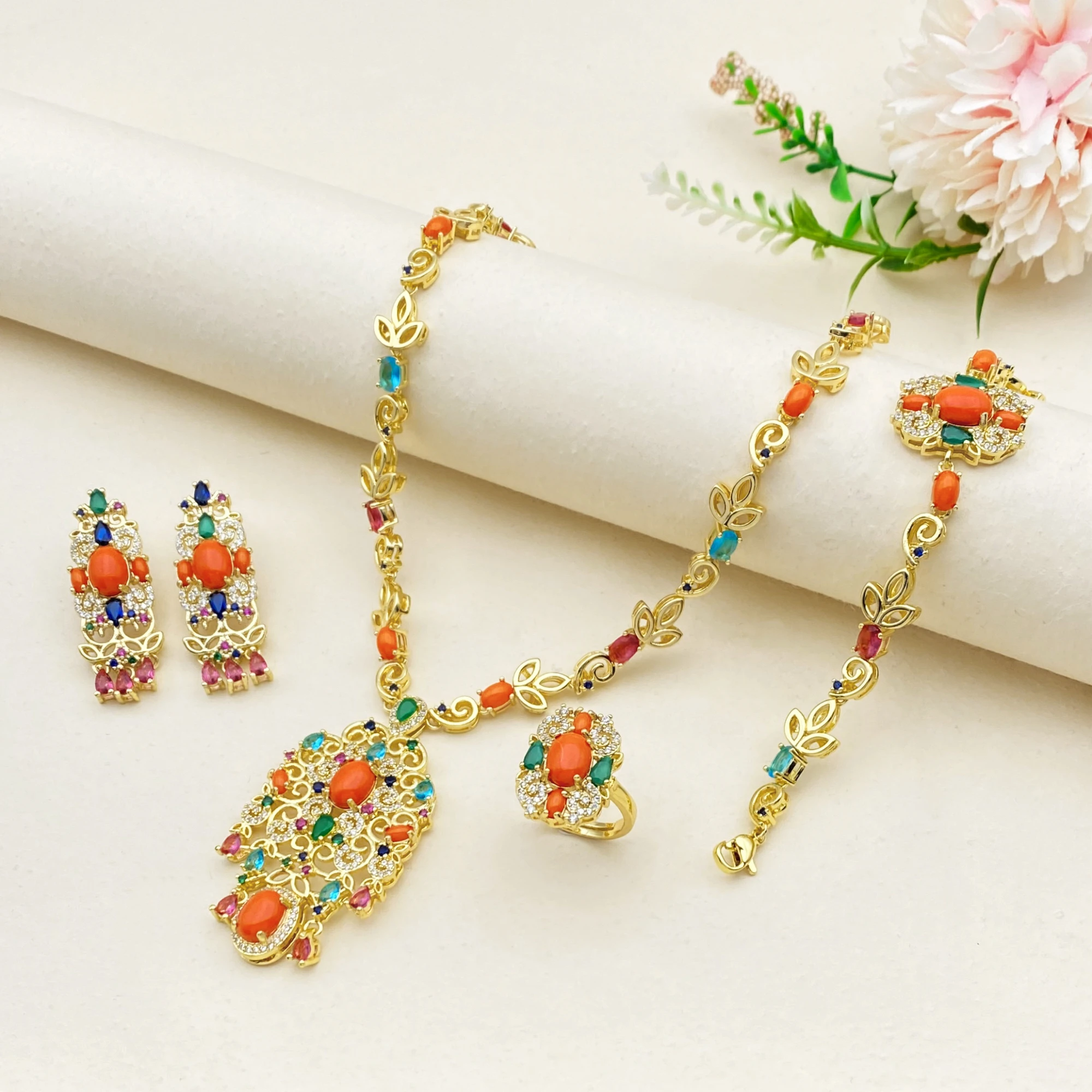 Falair Light Luxury Exquisite Zircon Jewelry Set Copper Gold Plated Women Necklace Earrings Ring Bracelet Trendy Style