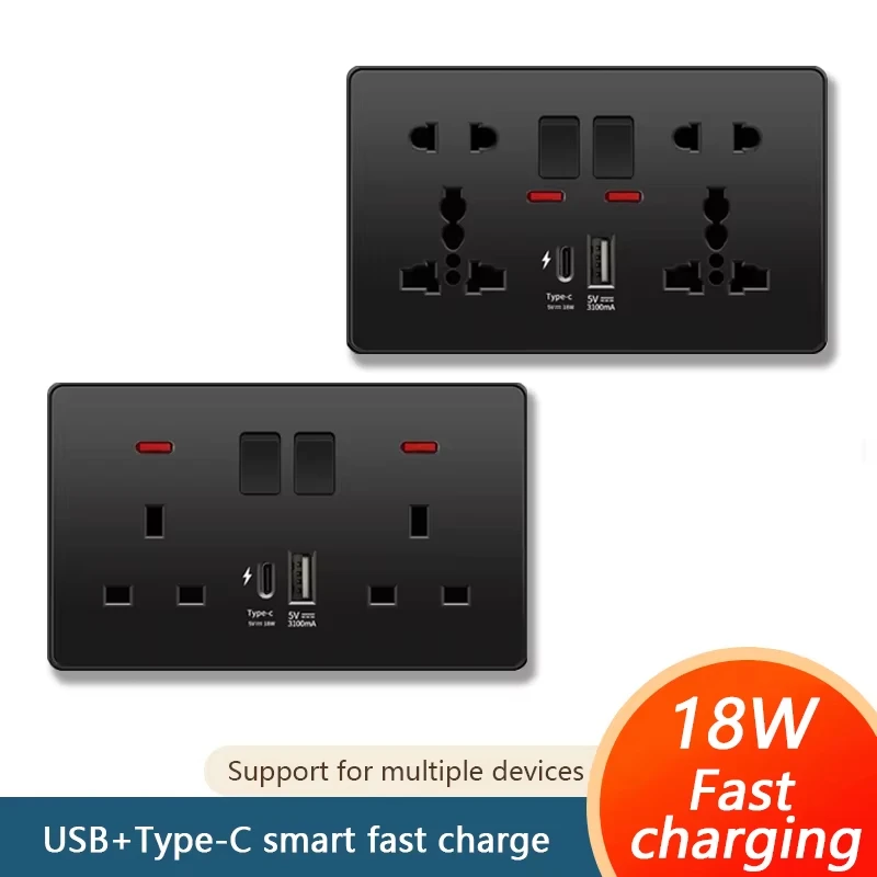 

ELEGAN Black Universal USB Type-C Fast Charging Socket Double 5-pin Power Plug 13A UK Electrical Internationa Wall Light Switch