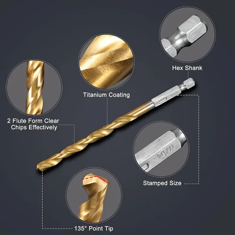 BIESUO Titanium Impact Drill Bit Set -30 Pcs Hex Shank HSS,Hex Shank Drill Bit Set,Quick Change Design,for Wood,Steel,Metal