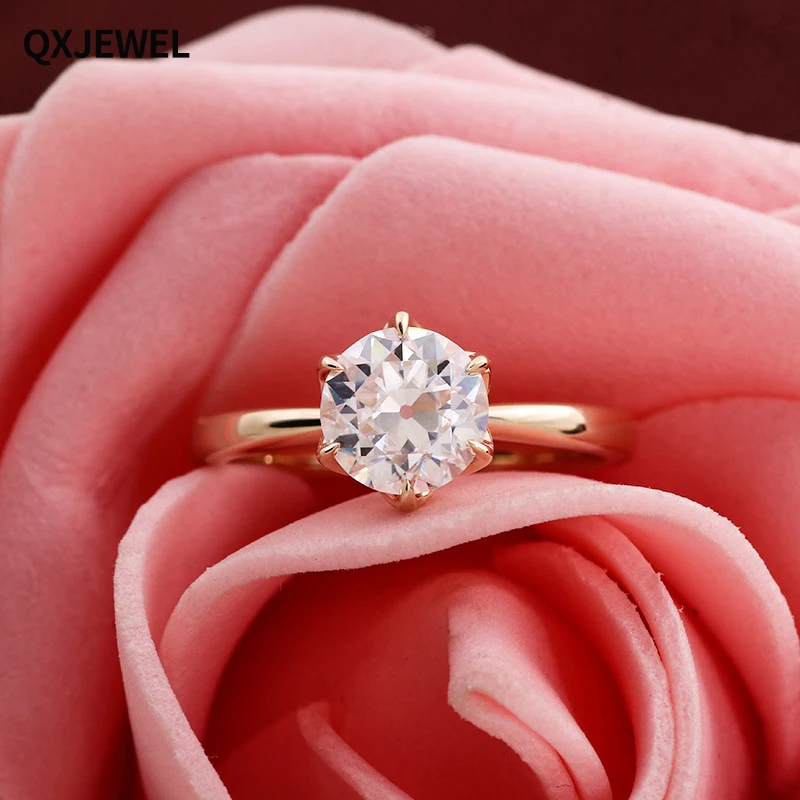 

QXJEWEL 18k Yellow Gold 6 Prongs Moissanite Engagement Ring Old European Cut D Colour VVS1 Customized Jewelry For Women Girls