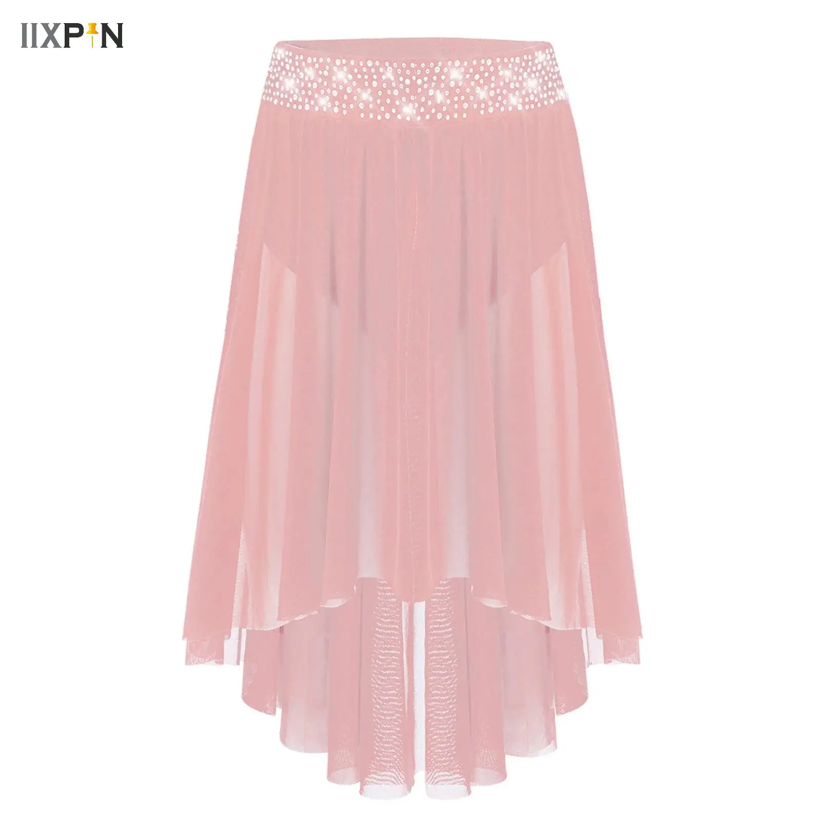 

Kids Girls Ballet Dance Skirts Long Chiffon Dance Skirts Lyrical Soft Ballet Dress Rhinestones Translucent Dance Costumes