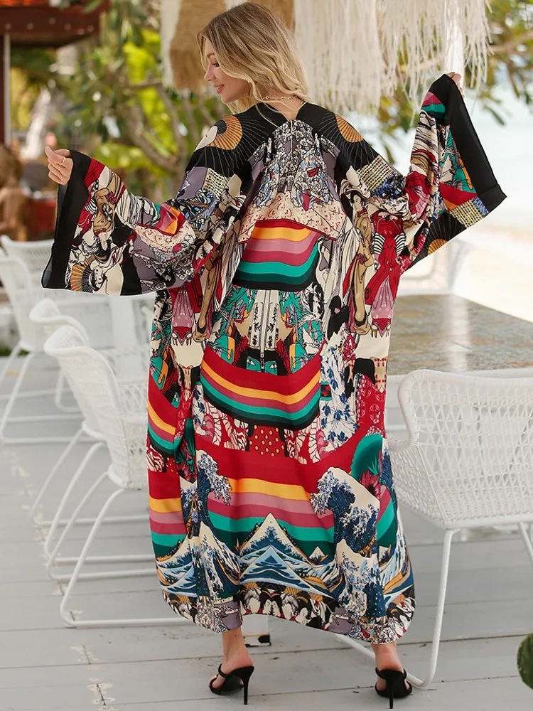 2023 Summer Women Cardigan Stitch Cocktail Sexy Boho Maxi African Holiday Batwing Sleeve Silk Feeling Robe Kimono Kaftan