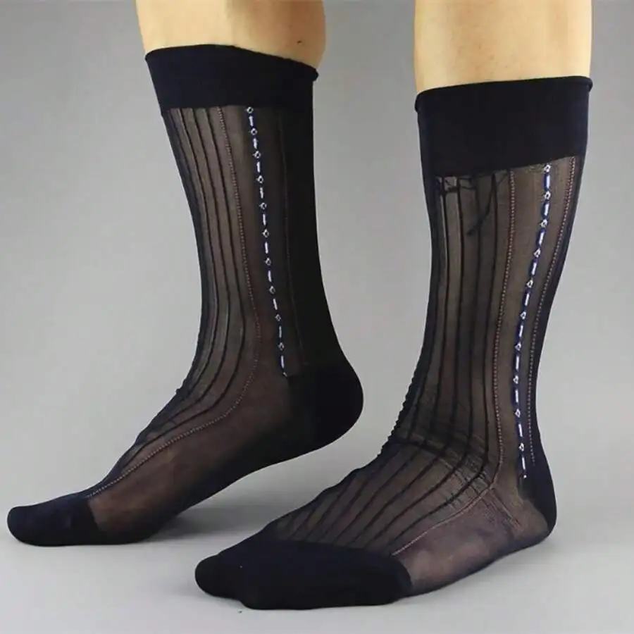 

Mens Retro Sheer Striped Mid-Calf Dress Socks For Business Casual Party