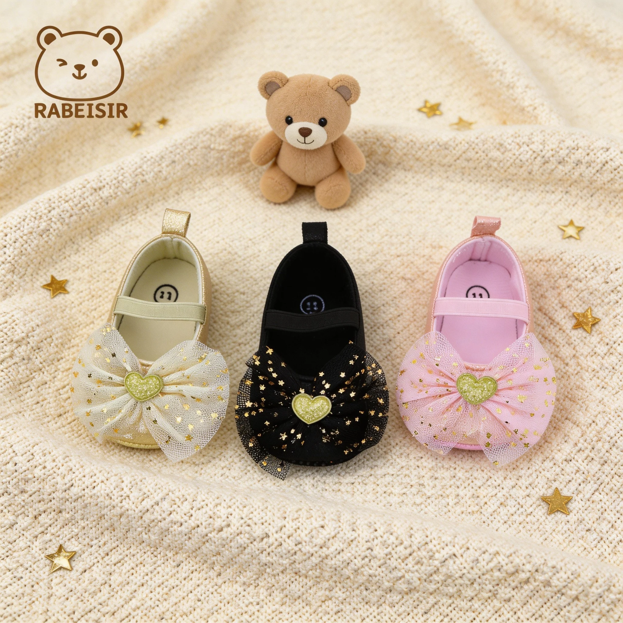 Star-Shimmering Mesh Baby Mary Jane Shoes with Heart Decoration, Large Bow, Elastic Single Strap, Lightweight Soft-Soled Baby Walking Shoes