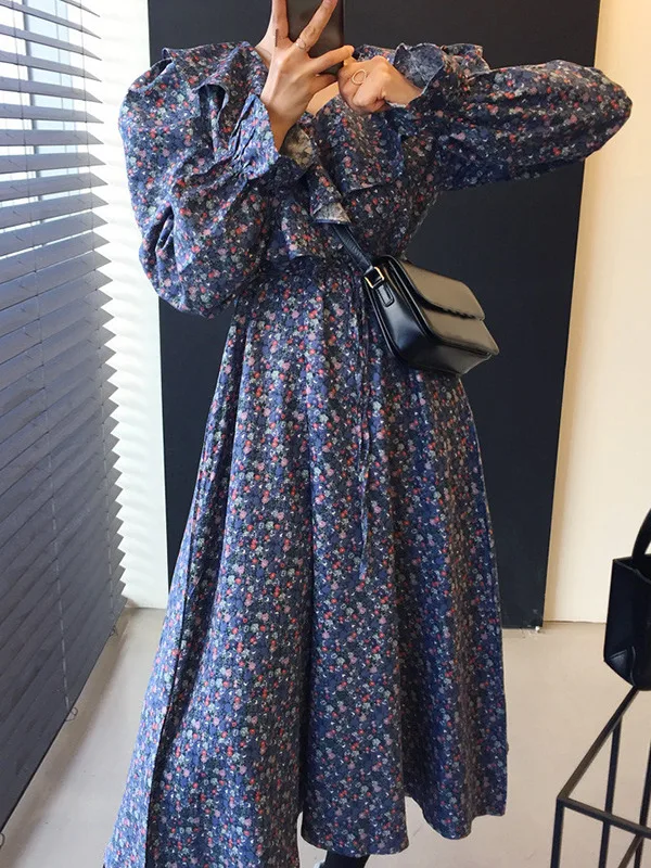 Chique verão vintage decote em v psado emenda cintura-cinching emaecimento manga sino vestido de imprão floral elegan...