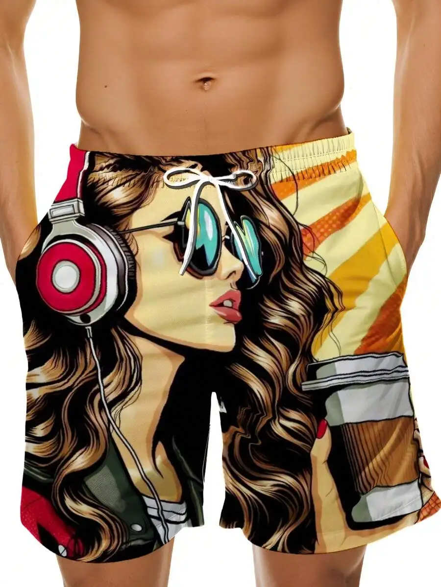 

Mens Beach Shorts With Vibrant Graphic Print Woman Headphones Sunglasses Summer Swim Trunks