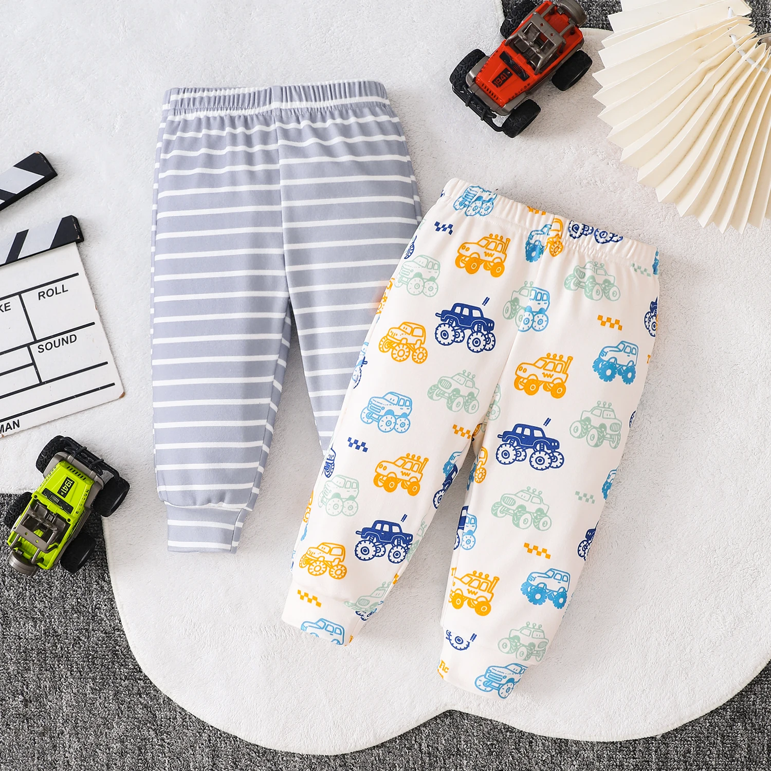 Infant Toddler Baby Boys Grey Striped & Colorful Monster Truck Print Jogger Pants,Soft Cotton Elastic Waist 2Pcs Set All Seasons