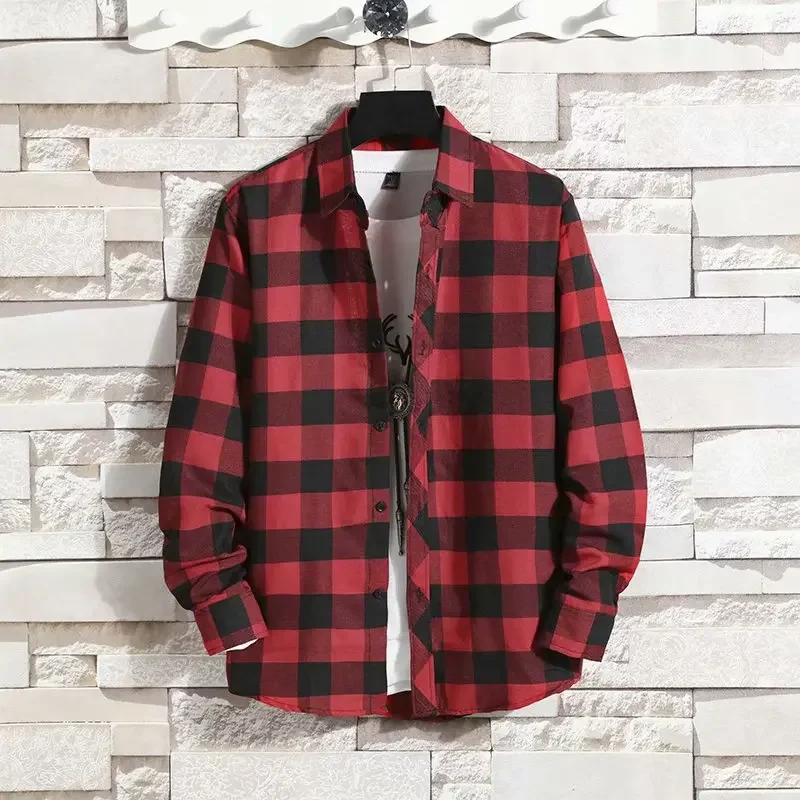 Men's Solid Color Plus Grid Long Sleeved Top Men's Trendy Slim Fit Casual Jacket Men's Fashionable Versatile Shirt