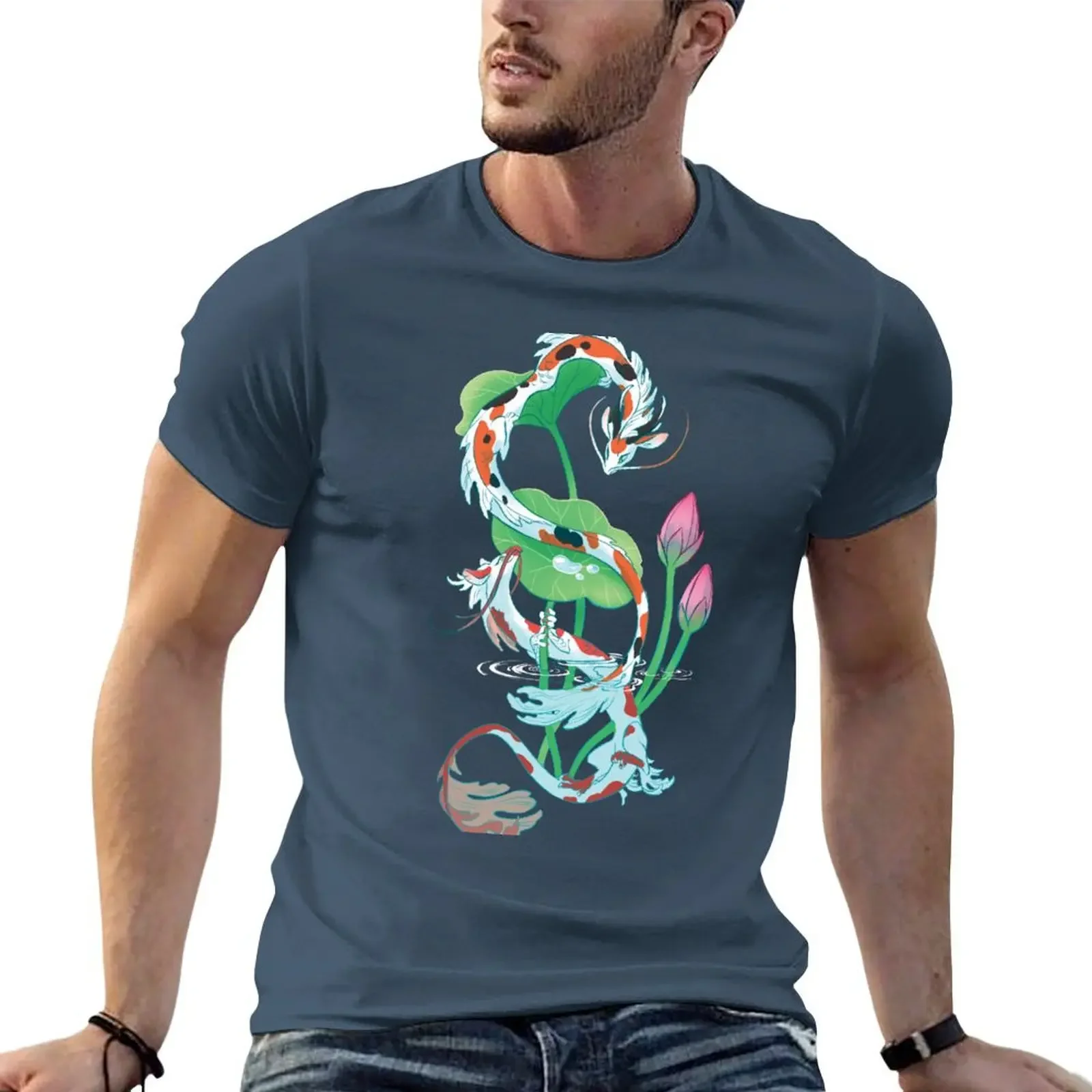 

Koi Dragon Companion T-shirt korean fashion graphics blanks Men's cotton t-shirt