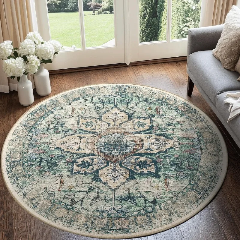 

Green Round Living Room Carpet Vintage Bohemian Bedroom Rug Stylish Advanced Art Machine Washable Sofa Coffee Table Mat Alfombra