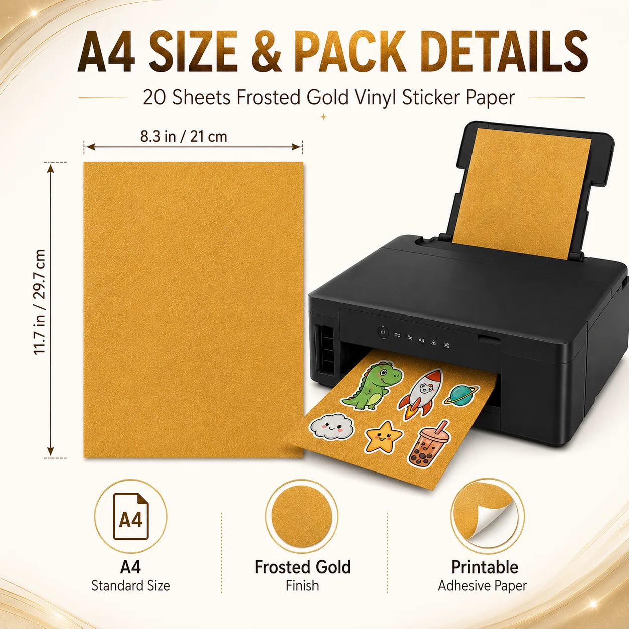 ESHANG Frosted Gold Printable Vinyl Sticker Paper A4, 20 Sheets Self-Adhesive Matte Paper for Inkjet, DIY Labels