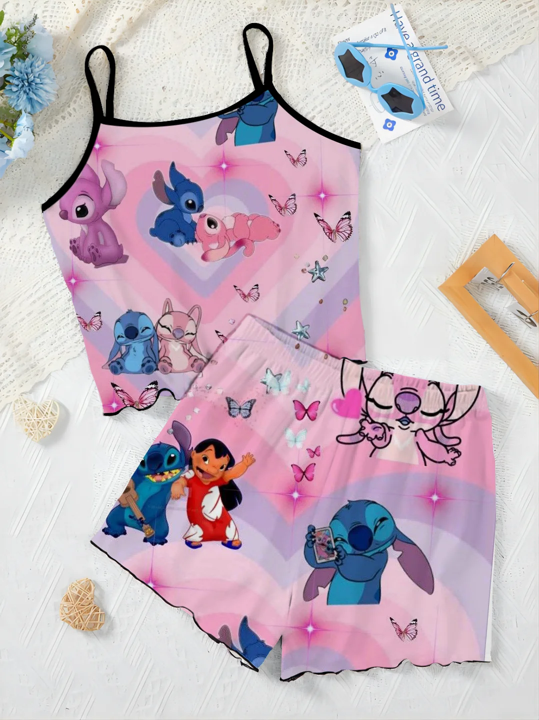 Women's Suit Disney Pajama Skirt Short Sets Slip Dress T-shirt Top Lettuce Trim Minnie Mouse Mickey Pieces Elegant Disney Mickey