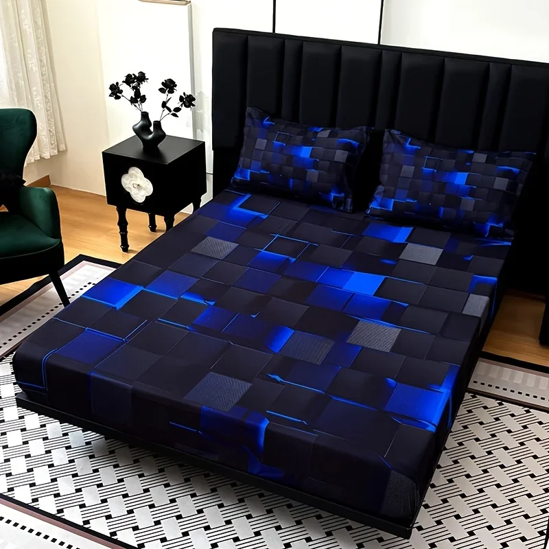Tech-Red Plaid Fitted Sheet Set High Definition Print Dormitory Bedding Machine Washable Digital Print Weight Included