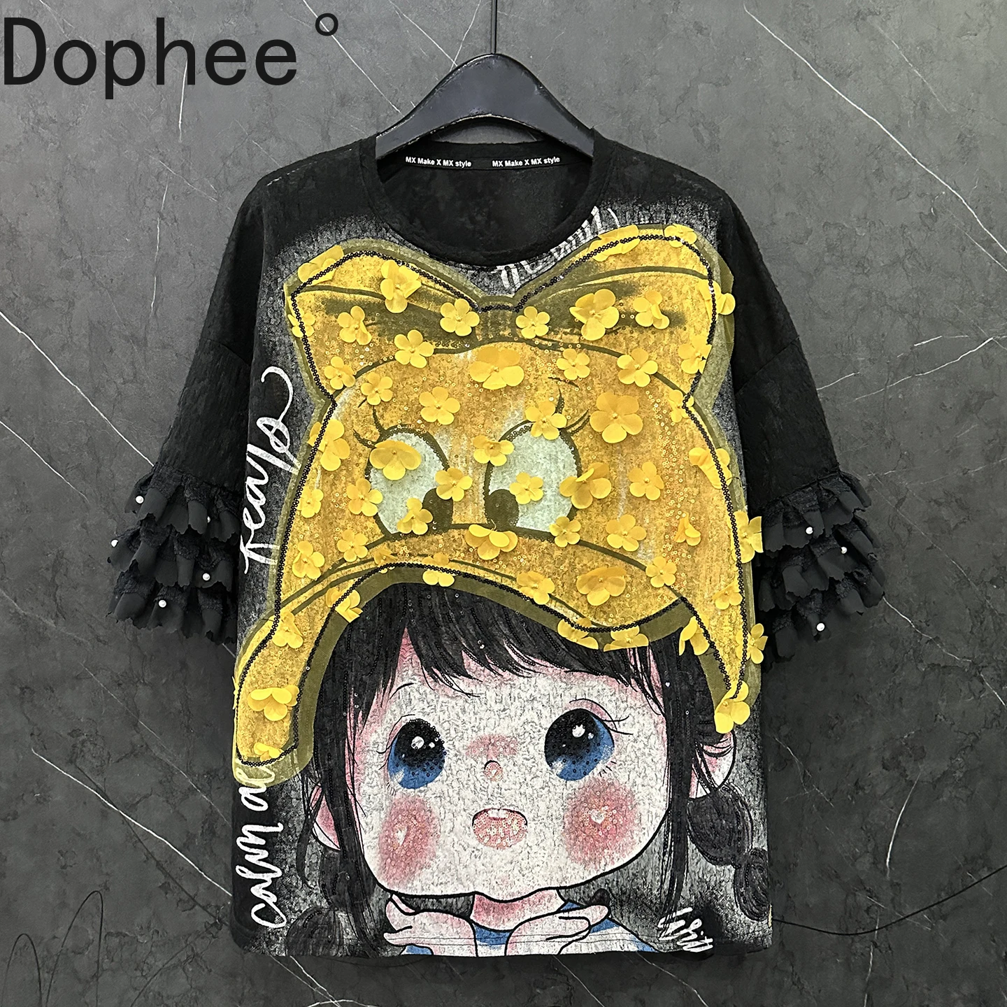 

2025 New Summer Women Loose Lace Short Sleeve T-shirt Flowers Sequins Cartoon O-neck Pullover Top All-match Black Students Tees
