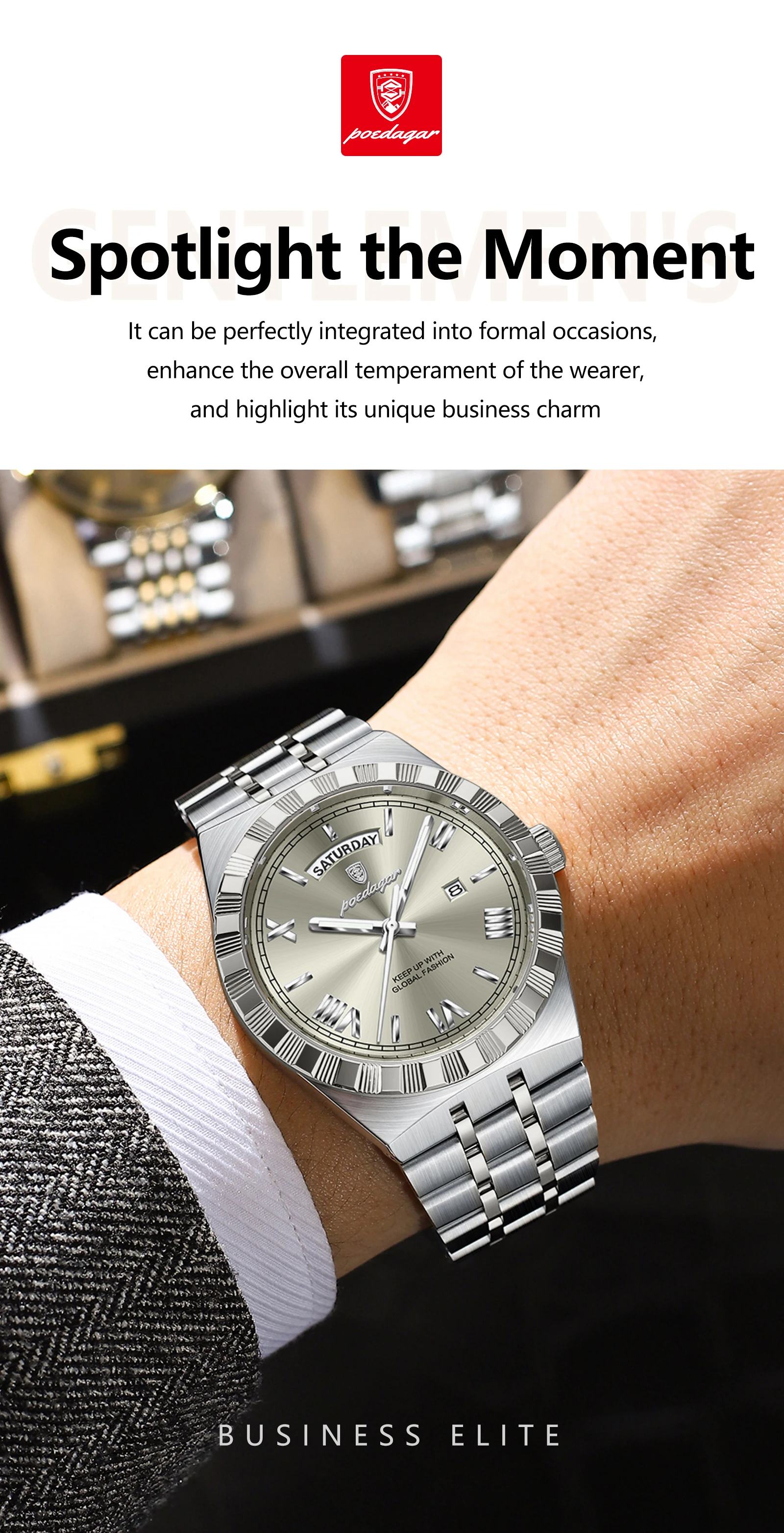 POEDAGAR Luxus Business Mann Uhr Woche Datum Wasserdicht Leuchtende Uhren Für Männer Edelstahl Quarz Mode männer Armbanduhr – Detail 4