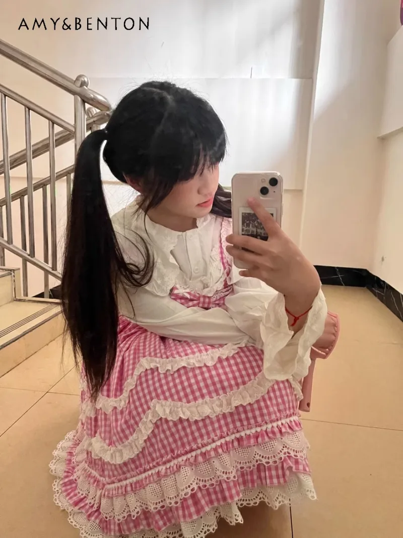 

Japanese Spring and Autumn Original Design Plaid Sweet Lolita Ancient Lo Skirt Jsk Suspender Dress For Women