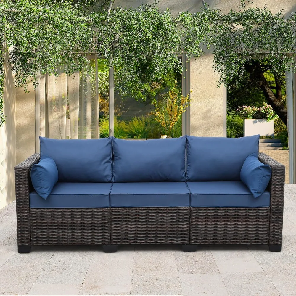 

3-Seat Patio PE Wicker Couch Furniture Outdoor Brown Rattan Sofa with Washable Blue Cushions,Furniture Outdoor Sofa