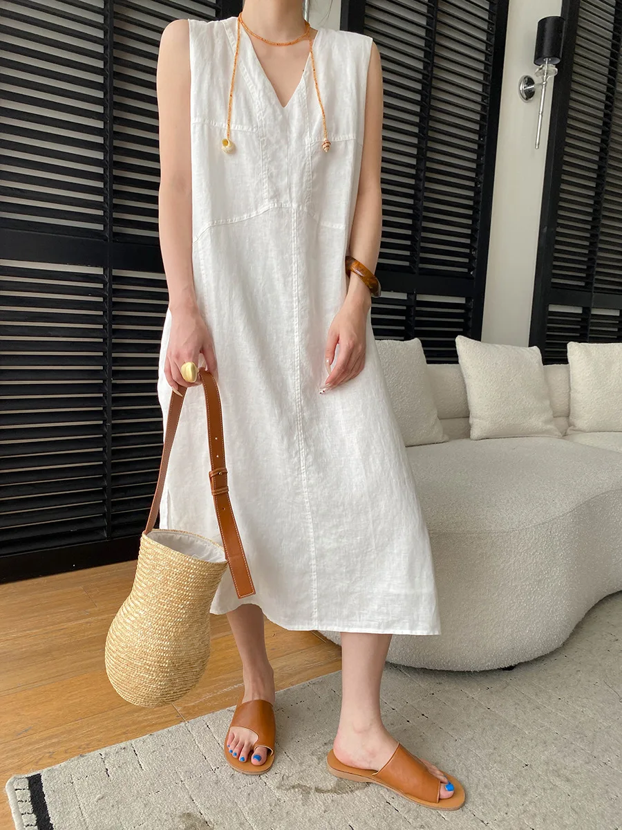 

Весенне-летнее женское повседневное платье без рукавов, однотонное, с V-образным вырезом, свободного кроя, стройнящее.