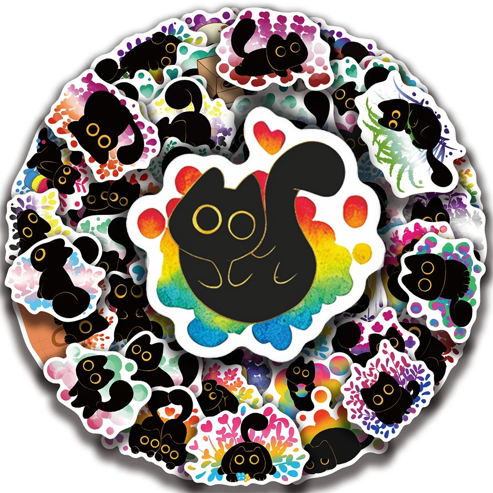10/30/50pcs Cute Proud Rainbow Black Cat Stickers Funny Cartoon Creative Sticker Notebook Luggage Phone Decals Decoration Toys