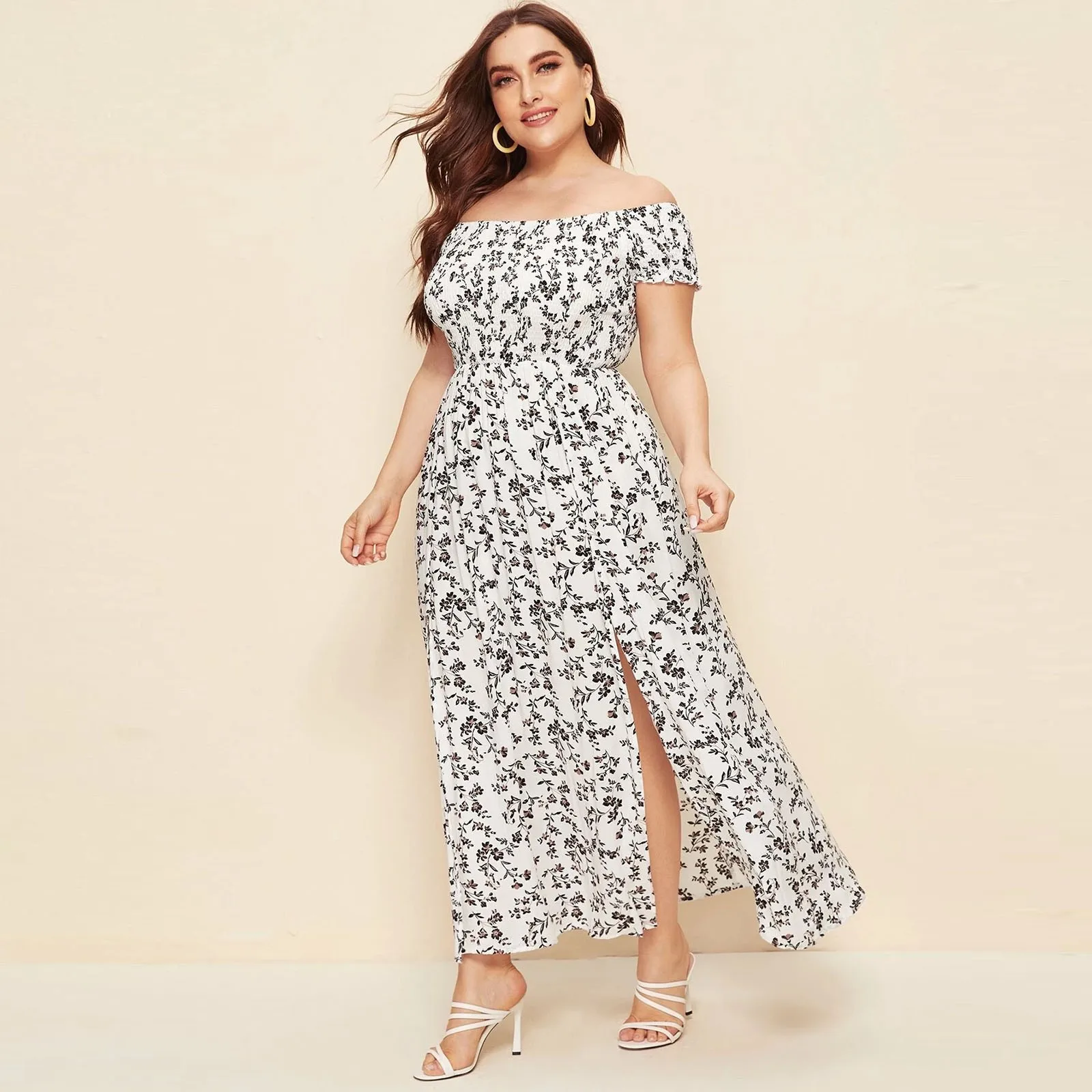 2024 New Women Summer Plus Size Dress Chest Wrapped Short Sleeve Split Flowy Hem Off Shoulder Print Maxi Boho Dress Streetwear