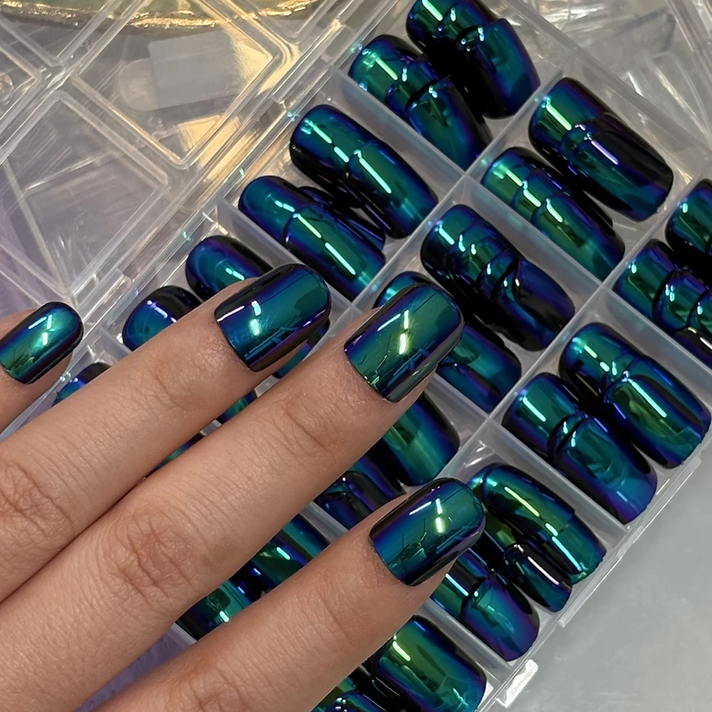 144Pcs Chameleon Mirror Chrome Fake Nails Holographic Plating Short Round Press On Nail Metallic Effect Wearable False Fingertip