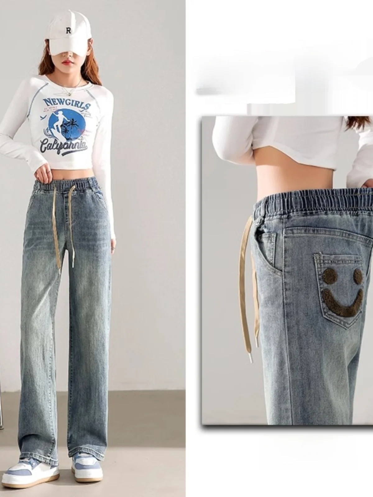 

Весна 2024, новые женские джинсы с высокой талией, широкие брюки с эластичной резинкой на талии и вышитым лицом, учащиеся средней школы