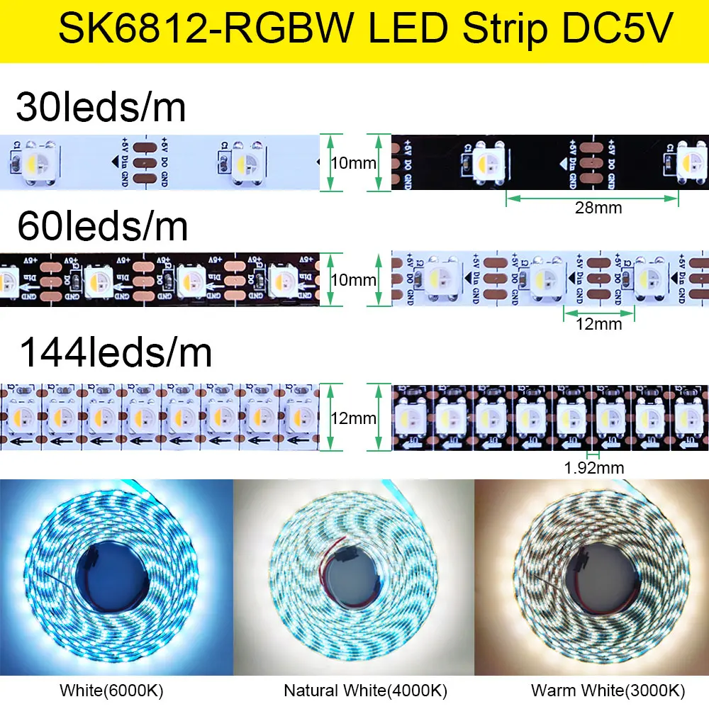 1M-5M SK6812 RGBWW Individual Addressable Led Strip DC5V Mirip WS2812B WS2812 RGBW 30/60/144Leds/M Lampu Led IP30/IP65/IP67