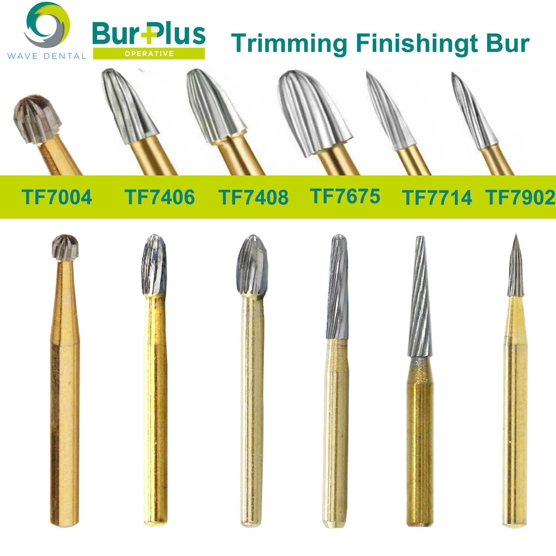 

PRIMA WAVE Dental Tungsten Carbide Burs Trimming Finishing Bur 12 Bladed Gold Plated TF Dental Drill For High Speed Handpiece