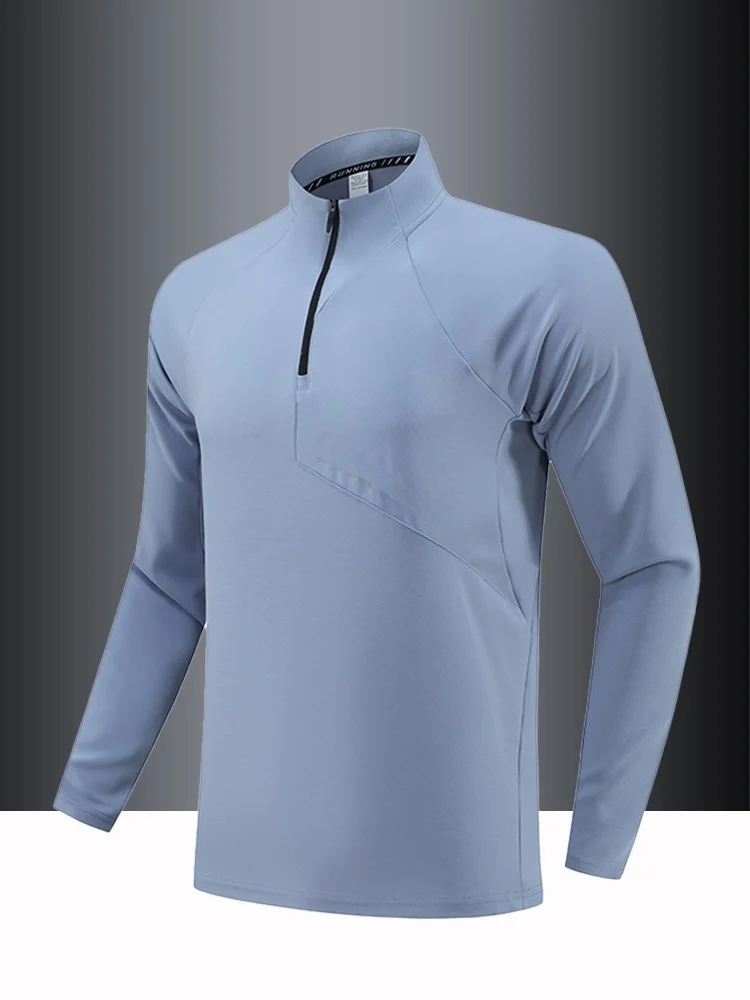 

Мужская футболка с длинным рукавом и молнией, воротником-стойкой, для активного отдыха, бега и фитнеса, из полиэстера, быстросохнущая