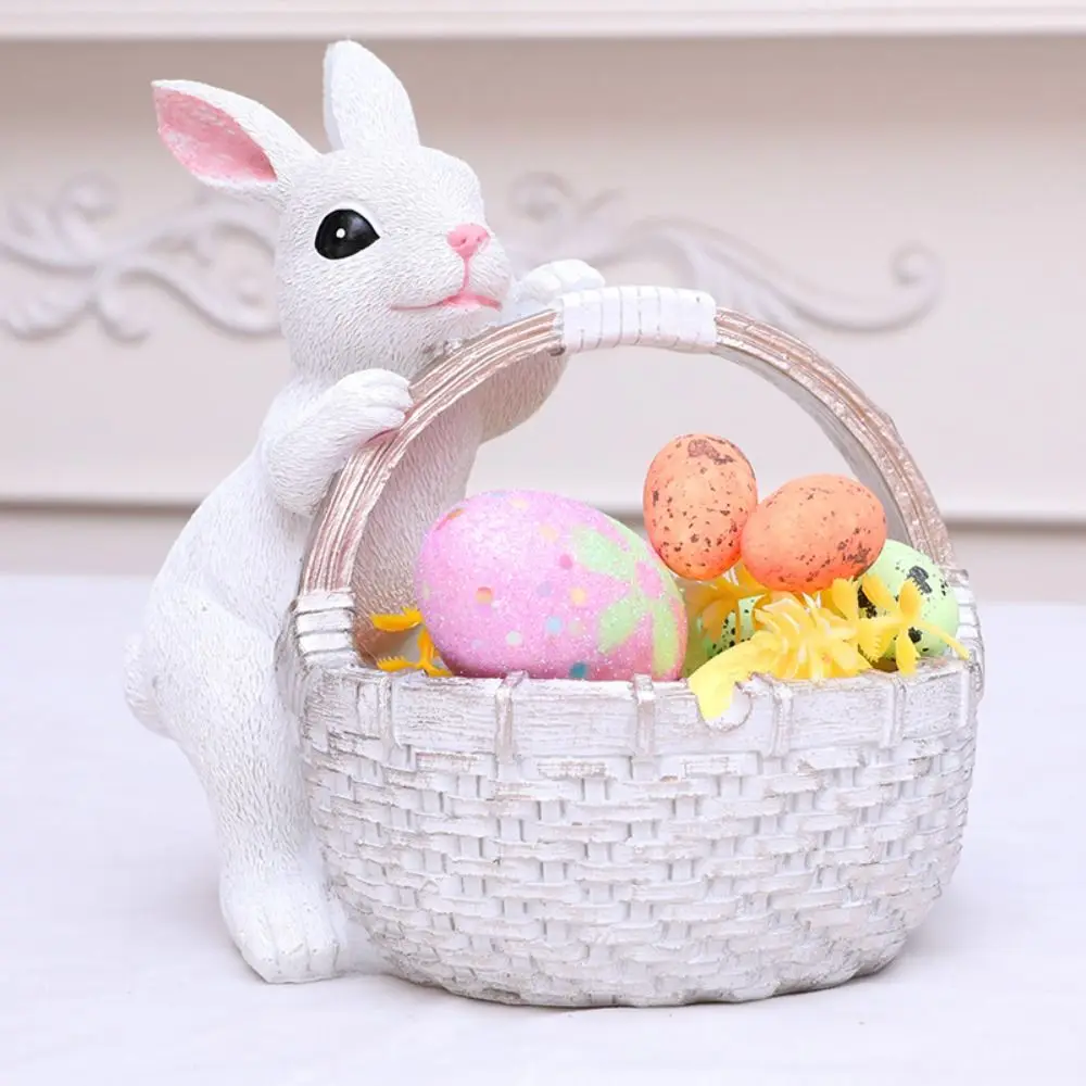 Cute Easter Bunny Basket Figurine Festival Resin Crafts Gift Basket Rabbit Statue Realisti Desktop Rabbit Ornament