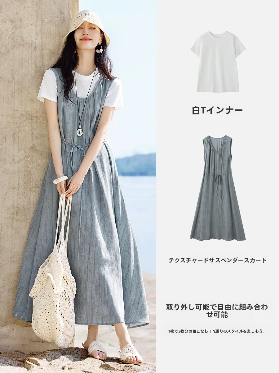 XWI Cotton Linen Casual Women's Dress Two-Piece Set Summer 2026 Short Sleeve T-Shirt Long Skirt Outfit Comfortable Fashion