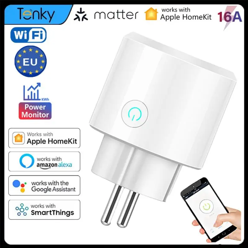 Matter 16A EU WiFi Smart Plug Smart Home with Energy Metering Timing Apple Homekit Smartthings APP Control Via Alexa Google Home