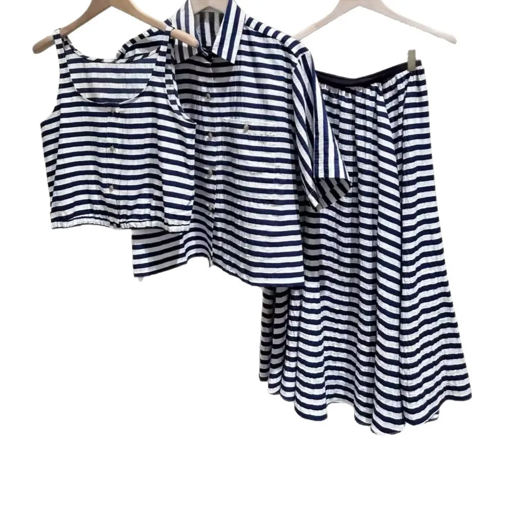 

Vintage Female Stripes Turn-Down Collar Short Sleeve Shirt +Sleeveless Slim Tank Tops +A-Line High Waist Jupe Summer New 2026