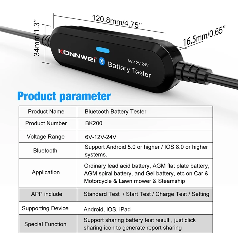 KONNWEI BK200 6V/12V/24V Car Bluetooth Battery Analyzer Lead-Acid Battery Diagnostic Tools For Car Truck SUV Boat