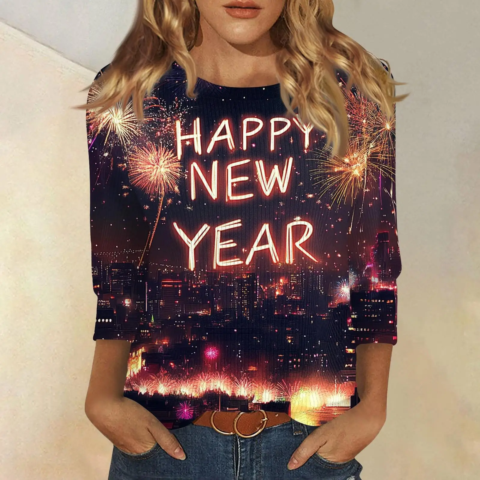 تي شيرت نسائي بطابع عيد الميلاد للعام الجديد مطبوع برقبة دائرية وأكمام طويلة، قميص فضفاض غير رسمي أبيض وأسود احتفالي #5