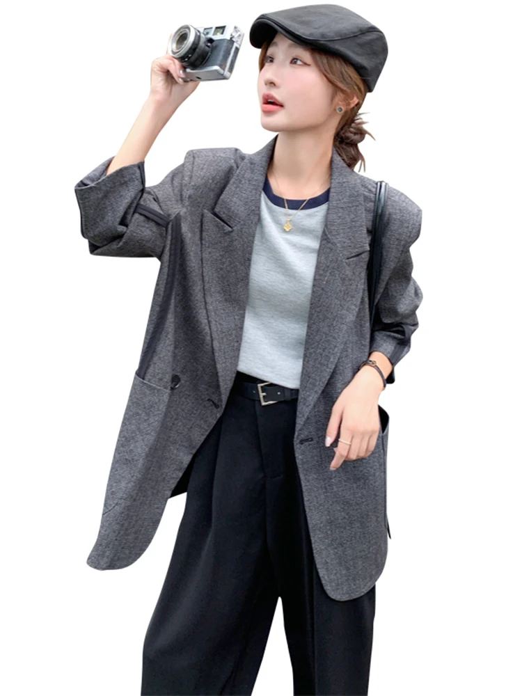 LANMREM Casual Blazer Women Notched Long Sleeves Patchwork Single Button Loose Coat Versatile 2024 Female New Clothing 2DA5901