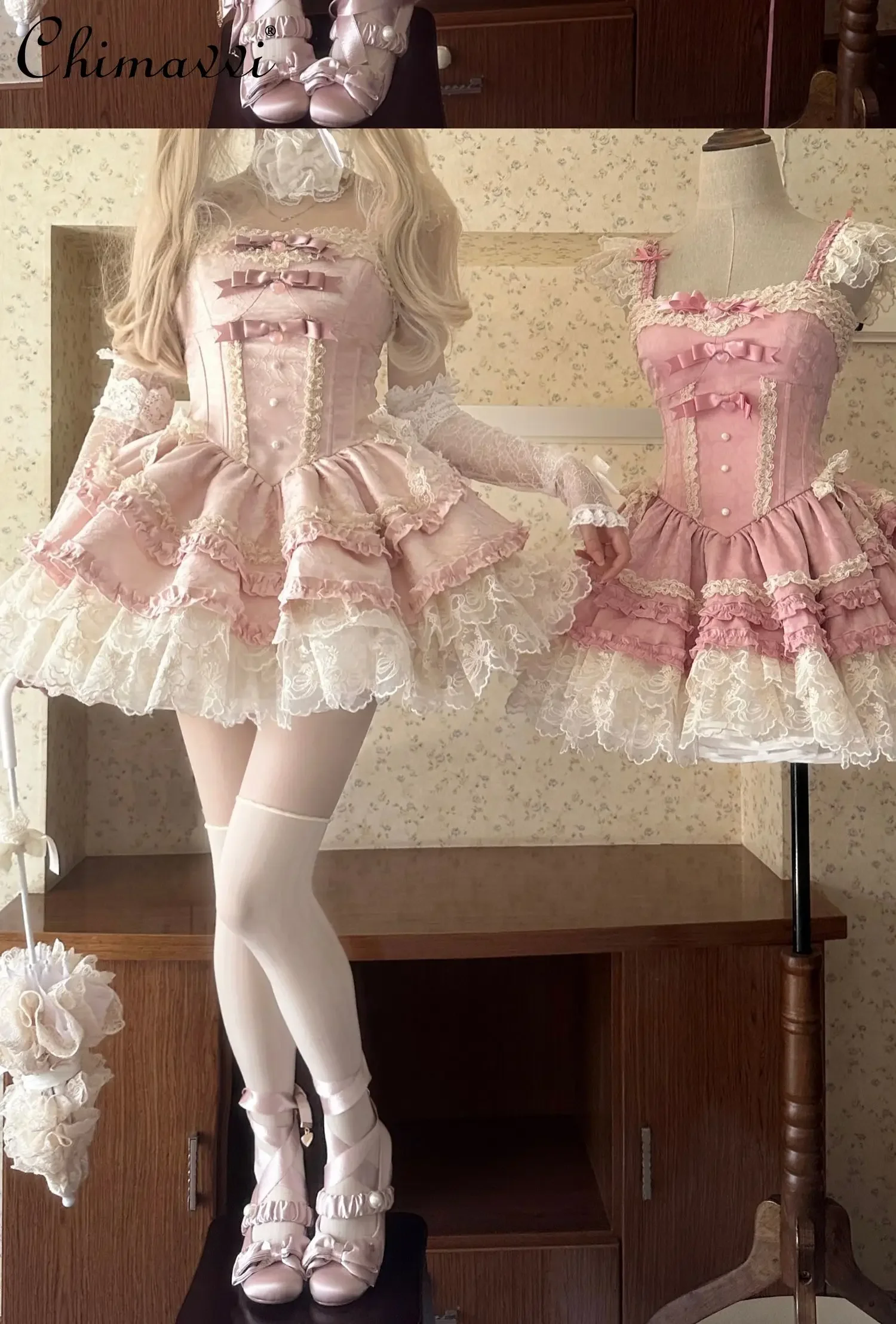 Original Sweet Girls Jsk Dress New Spring Summer Lolita Style Women's Pink Bow Lace Fishbone Short Mini Suspender Dresses