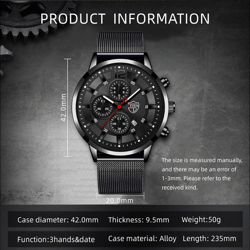 DEYROS Watches for Men Business Casual Stainless Steel Watches Fashion Mens Quartz Wristwatch Calendar Date Bracelet Set