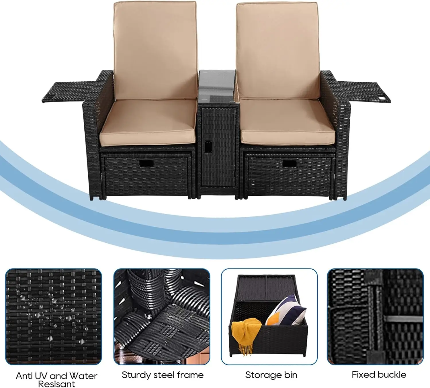 5 قطع من كرسي صالة الخيزران - كرسي صالة فناء قابل للتعديل مع مسند وطاولة قهوة، لشاطئ الفناء