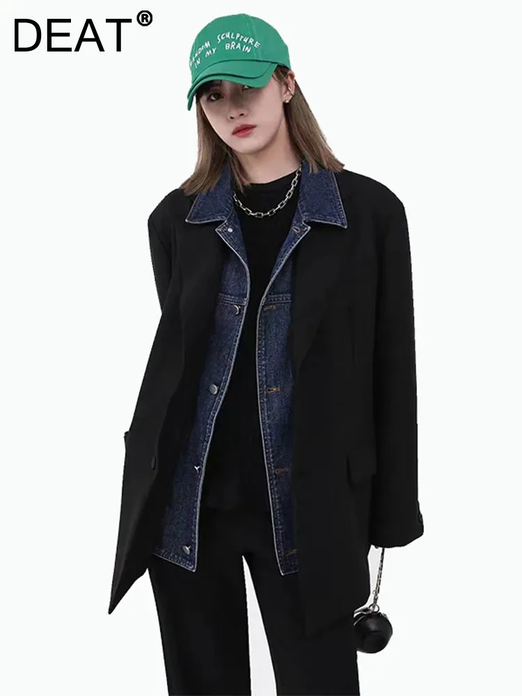 

DEAT Fashion Women Blazer Denim Patchwork Lapel Fake Two Piece Single Breasted Long Sleeve Suit Jackets Spring 2024 New 7AB3554