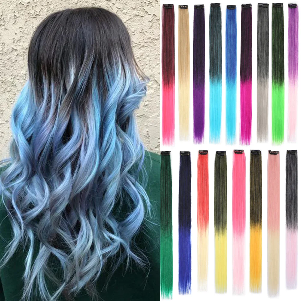 8pcs/pack Colored Party Highlights Clip in Hair Extensions for Girls 22 inches Multi-colors Straight Hair Synthetic Hairpieces