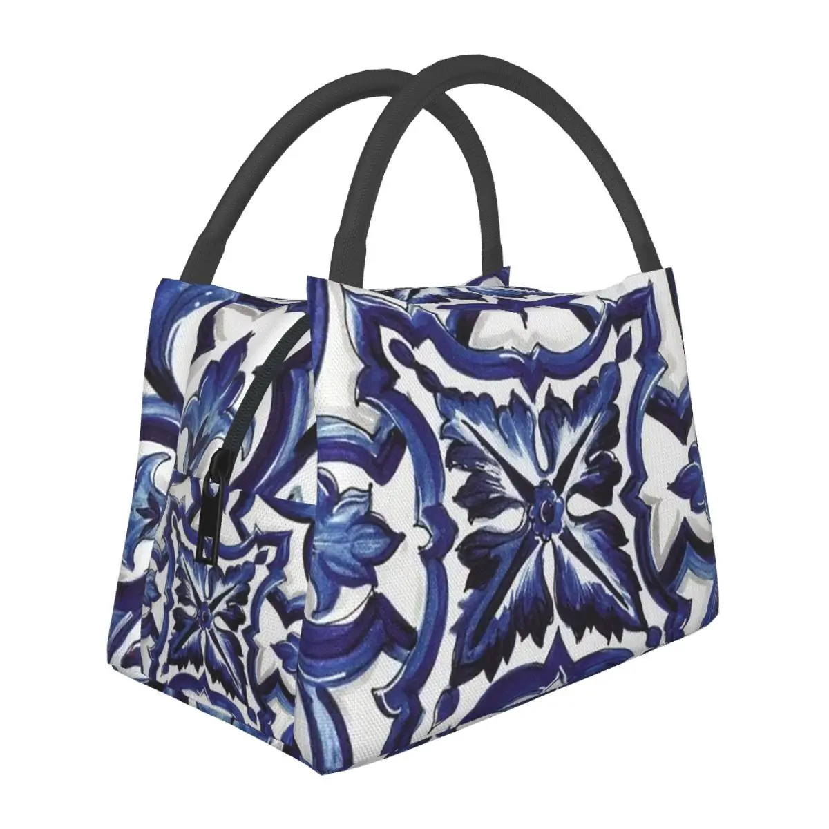 Blue Ornate Floral Mediterranean Sicilian Tile Lunch Bags Insulated Bento Box Lunch Tote Picnic Bags Cooler Thermal Bag Woman