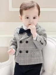 Children Photograph Suit Boys Jacket Pants Bowtie Flower 4PCS Wedding Suit NewBorn Kids Ceremony Party Tuxedo Dress Baby Costume