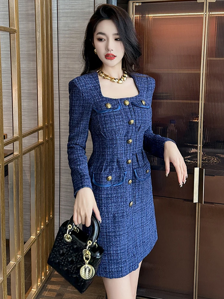 Fashion Ladies Vintage Tweed Short Dress Women Bright Silk Commute Formal Square Collar Slim Mini Mujer Vestidos Street Clothes